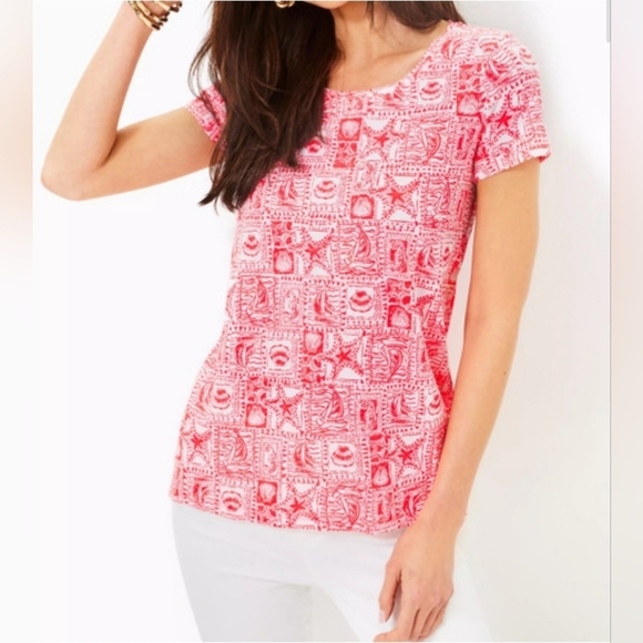 NWT.Lilly Pulitzer Etta Scoop Neck Top in Mizner Red Seaside Harbor. Size LARGE - Picture 1 of 7